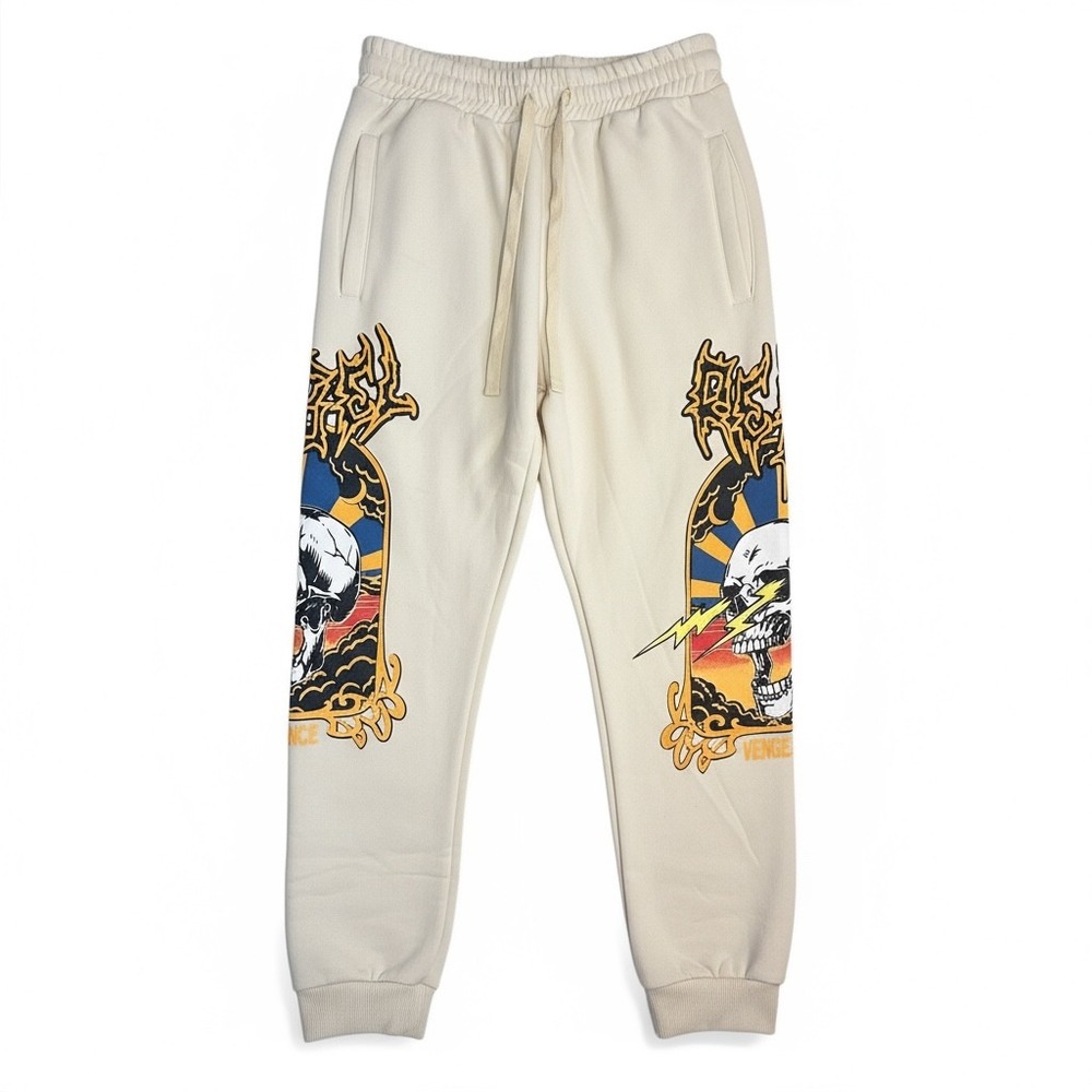 NWOT Rebel Vengeance Skull Graphic Ivory Sweatpants Joggers Unisex Men Sz M‎
